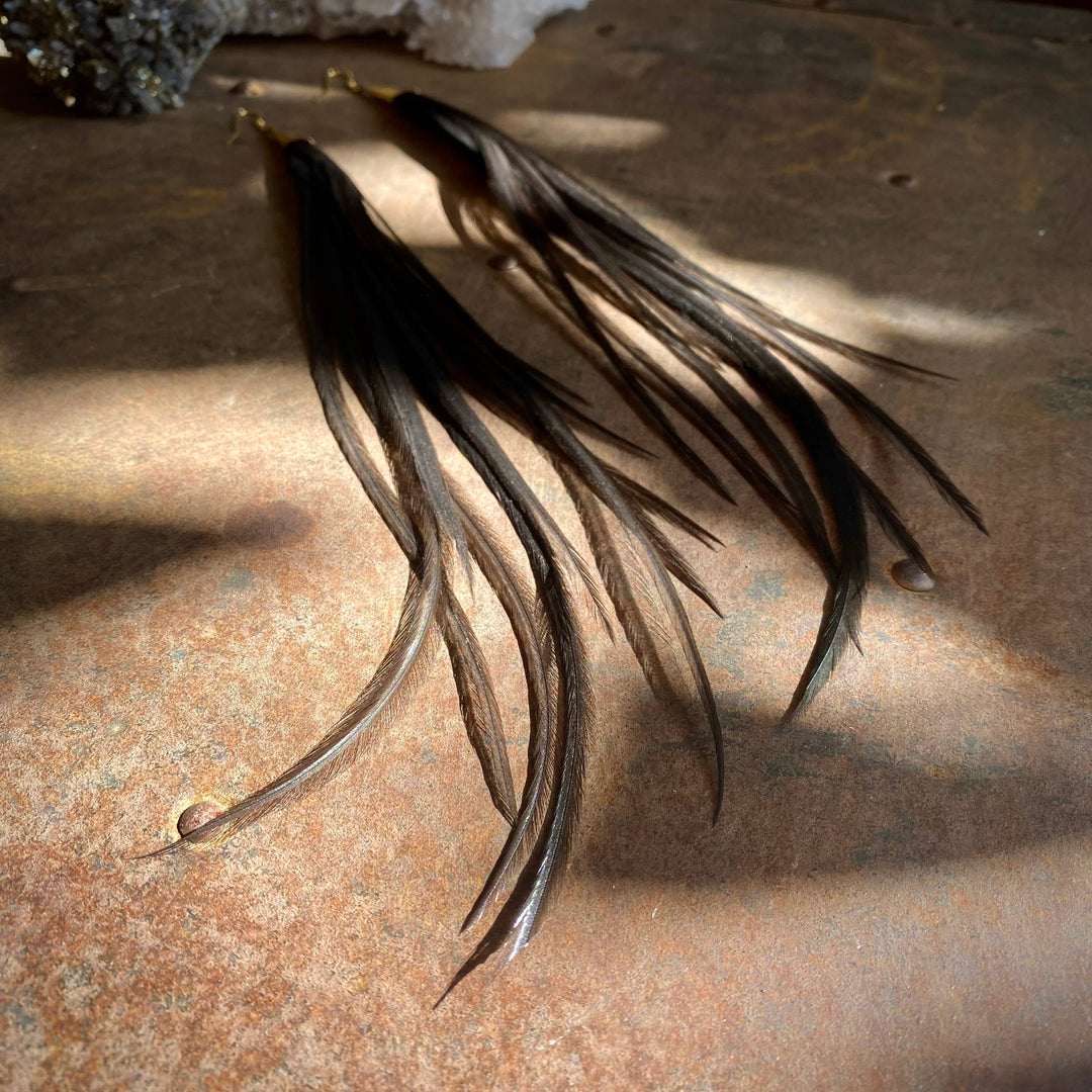 Earrings-Long Feather & Cone-Black/Gold, Boho Western