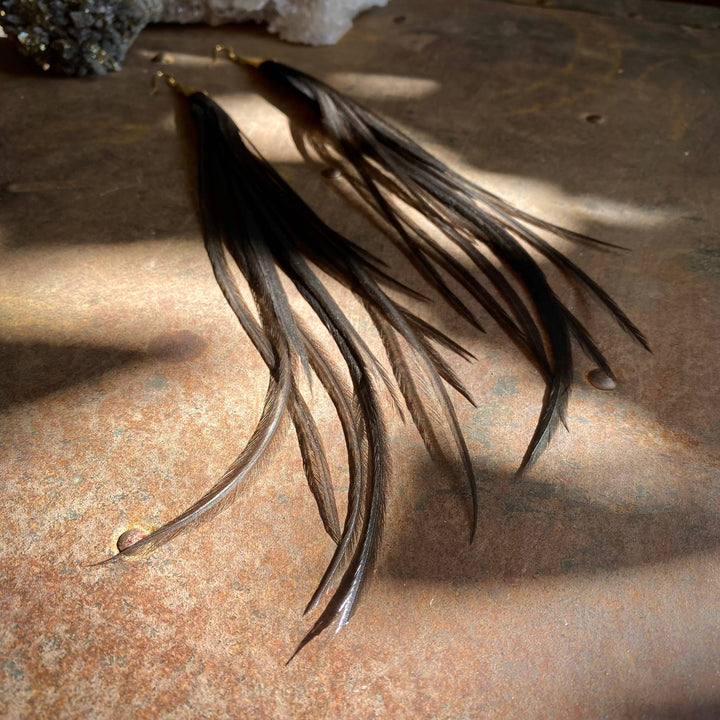 Earrings-Long Feather & Cone-Black/Gold, Boho Western