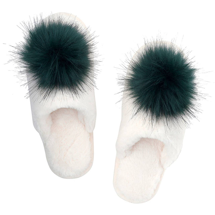 NEW Plush Slippers - Ivory + Forest Green Pom Pom