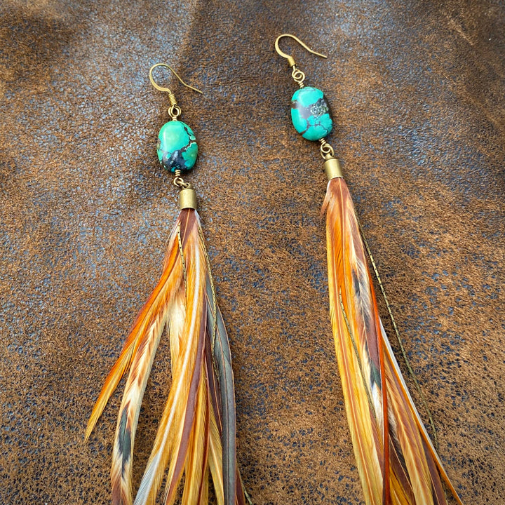 Earrings-FREEBIRDS COLLECTION: Turquoise & Feather-Natural Mix
