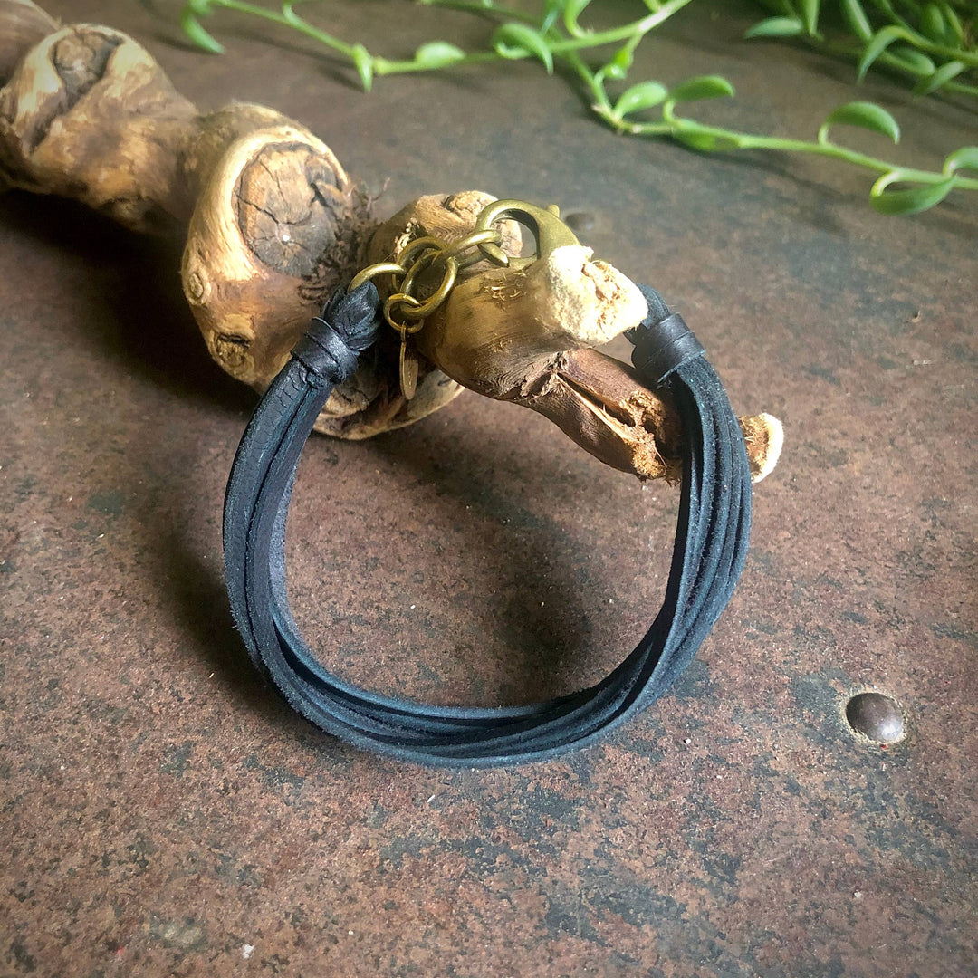 Leather 7-Strand Bracelet-Black & Brass, Boho Western