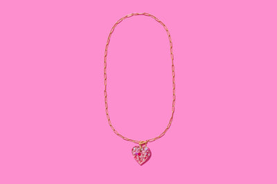 Paperclip Chain Necklace - Heart Pendant - Pink Confetti