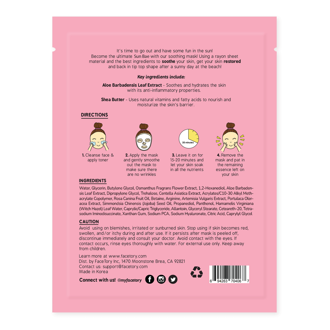 Sheet Face Mask - Korean Beauty - Soothing Aloe - Sun Bae