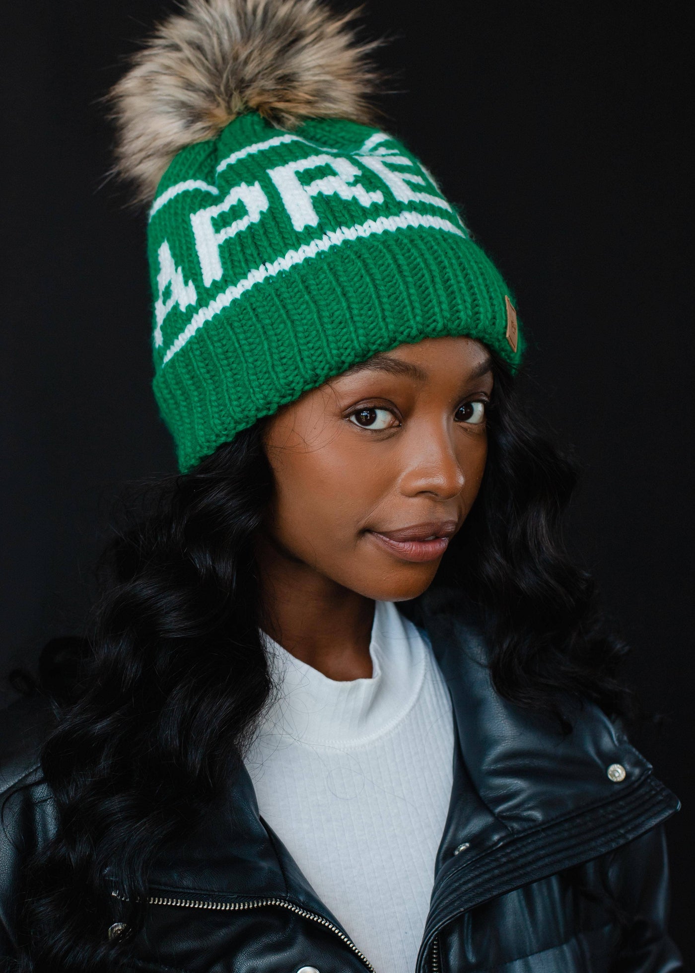 Green & White Apres Pom Hat