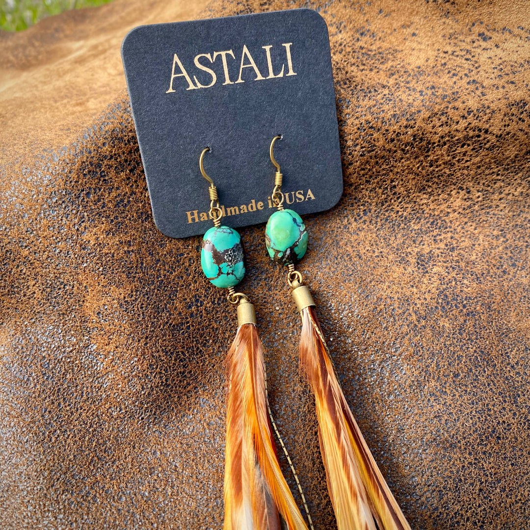 Earrings-FREEBIRDS COLLECTION: Turquoise & Feather-Natural Mix
