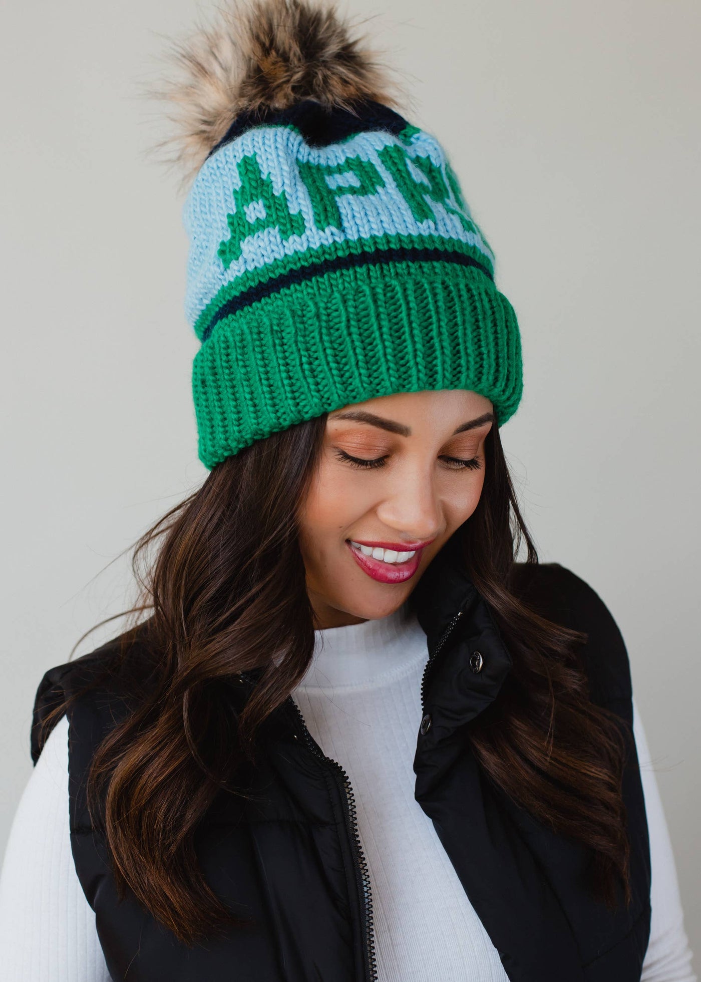 Green, Lt. Blue & Navy Apres Pom Hat