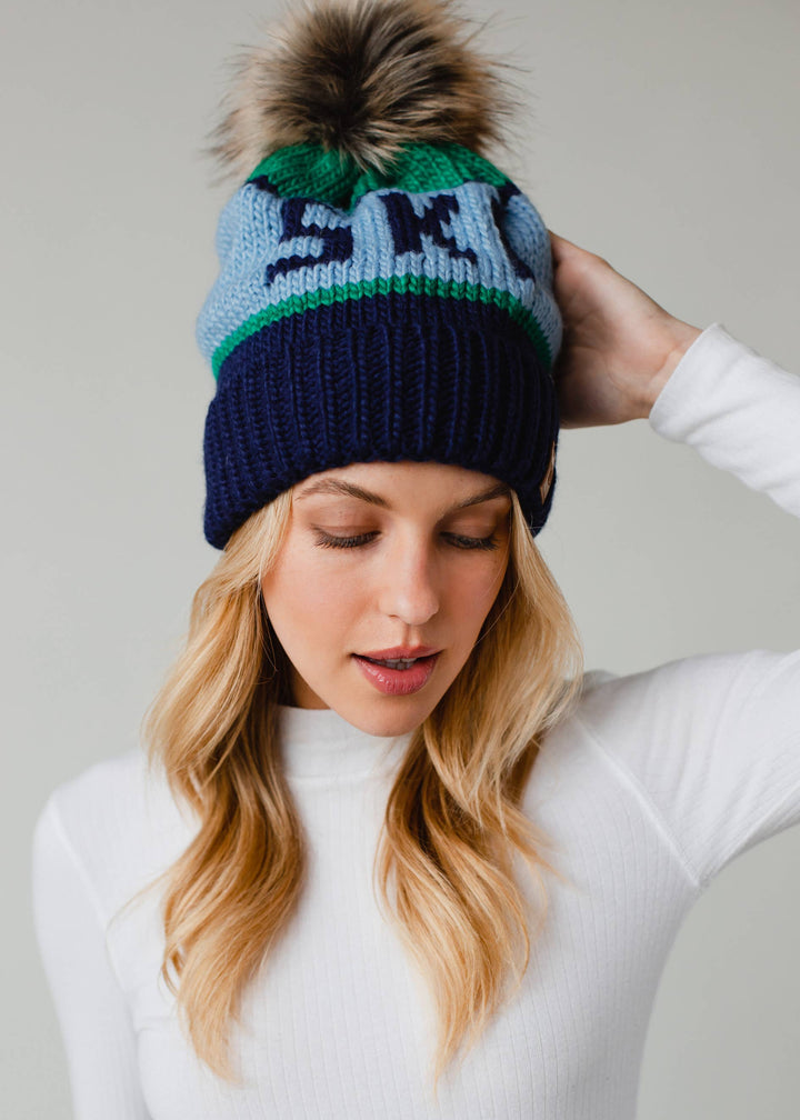 Pom Hat-Green, Lt. Blue & Navy Ski
