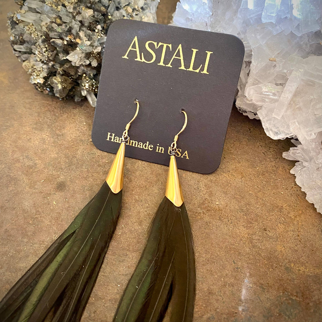 Earrings-Long Feather & Cone-Black/Gold, Boho Western