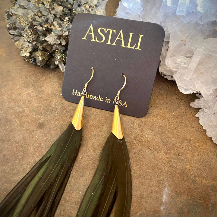 Earrings-Long Feather & Cone-Black/Gold, Boho Western