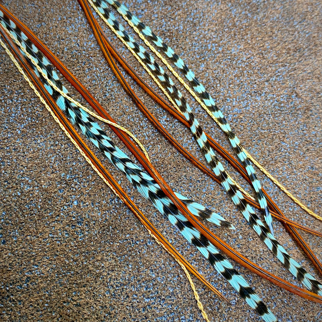 Astali Earrings-Turquoise & Mini Feather-Teal Grizzly & Fawn/Gold