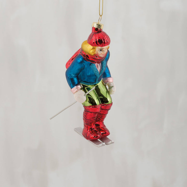 Blue Skier Glass Ornament
