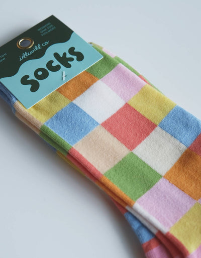 100% Cotton Women's Crew Socks-Rainbow Check