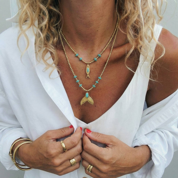 Necklace-Double Gold Strand Hematite & Turquoise Sea Charm