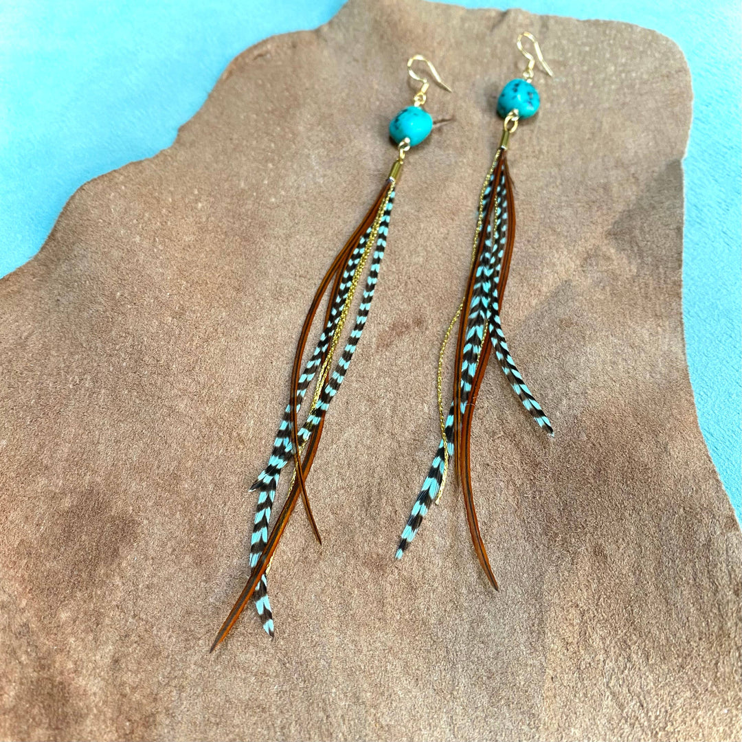 Astali Earrings-Turquoise & Mini Feather-Teal Grizzly & Fawn/Gold