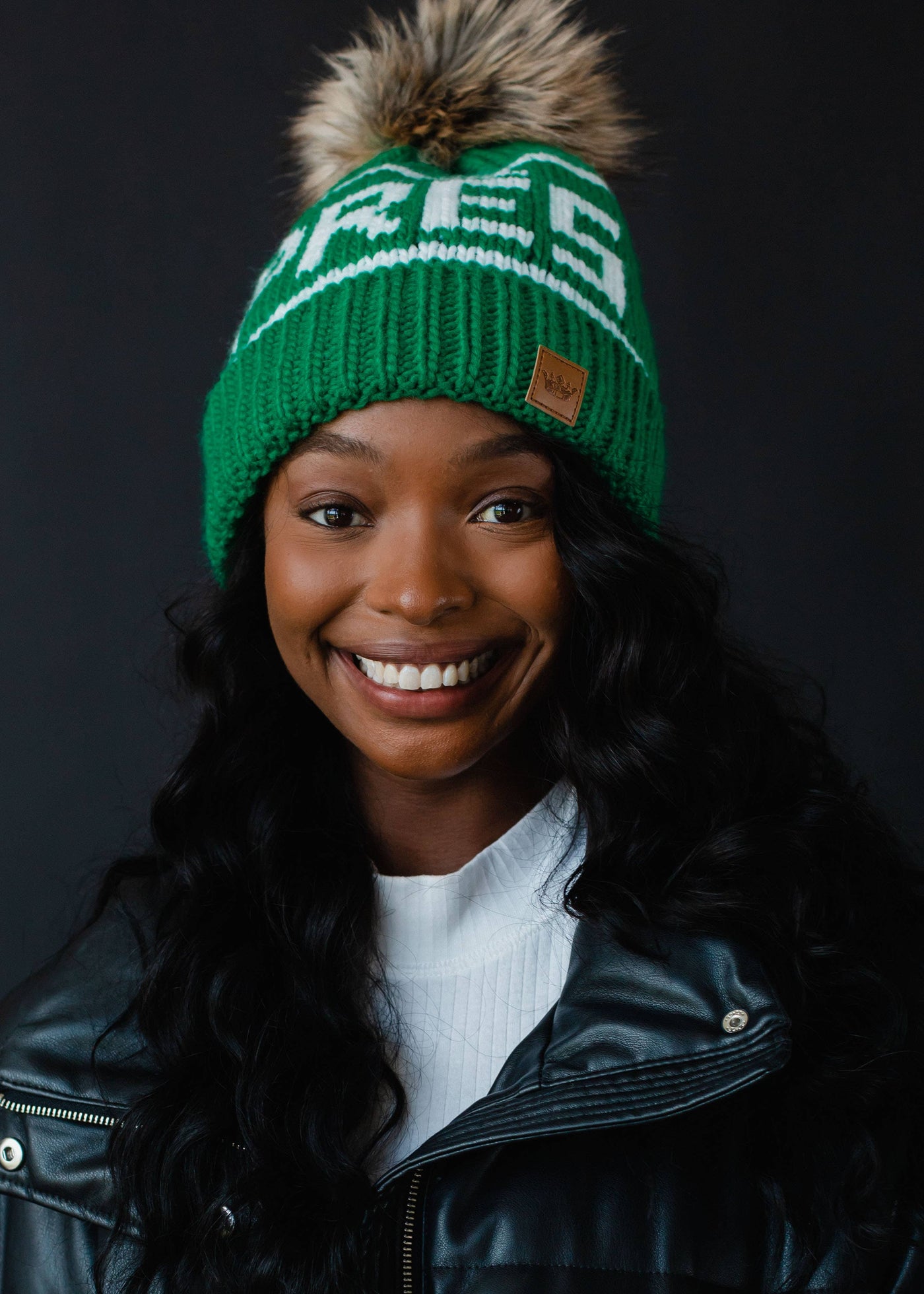 Green & White Apres Pom Hat