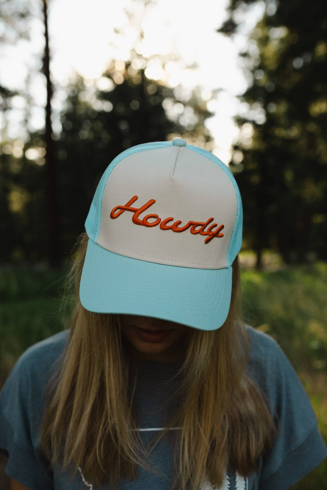 Trucker Hat-Howdy Embroidered Trucker - Pale Blue/Orange