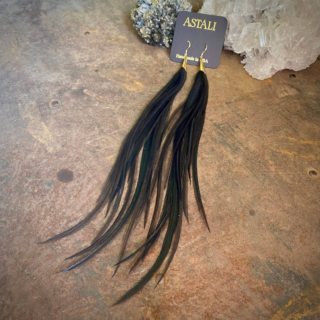 Earrings-Long Feather & Cone-Black/Gold, Boho Western