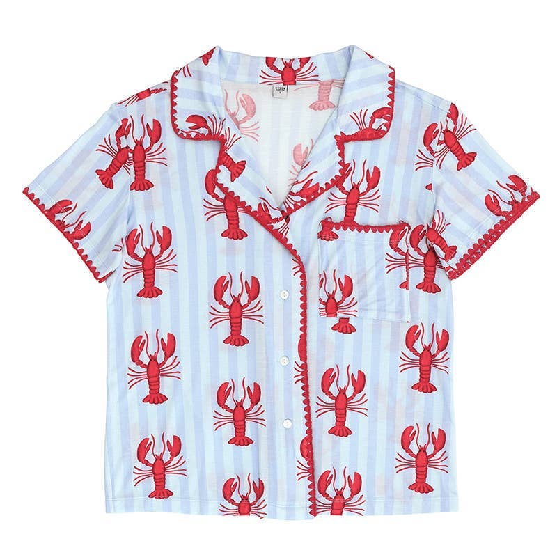 Short Set-Bamboo PJ Set with Whip Stitch - Blue Stripes + Lobsters