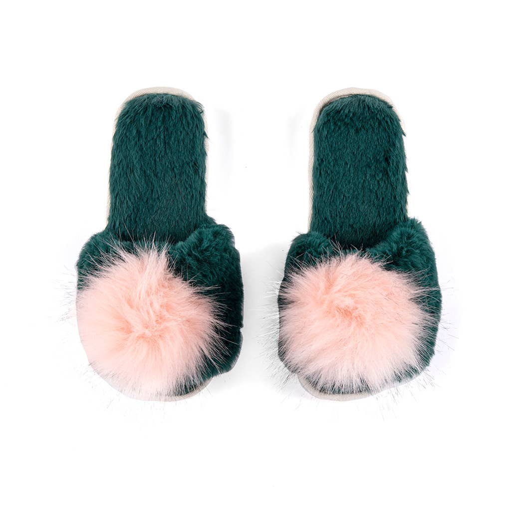 Amor Slippers-Green w/Pink Fluff
