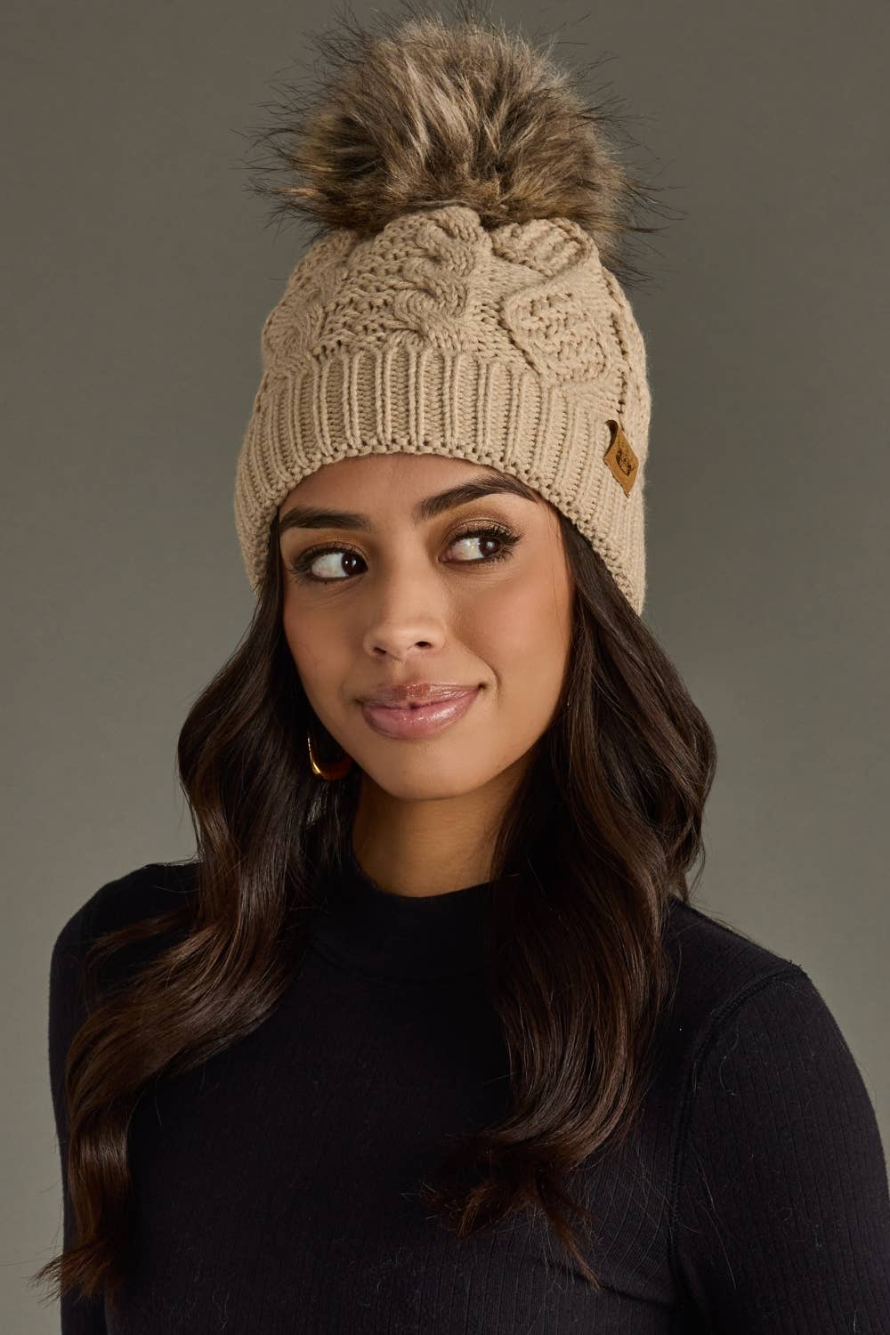 Pom Hat-Taupe Cable Knit