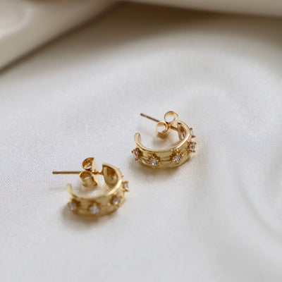 E1489G Gold Earrings-CZ Star Thick Hoops