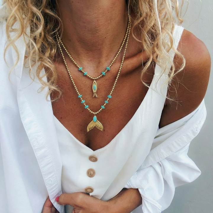 Necklace-Double Gold Strand Hematite & Turquoise Sea Charm