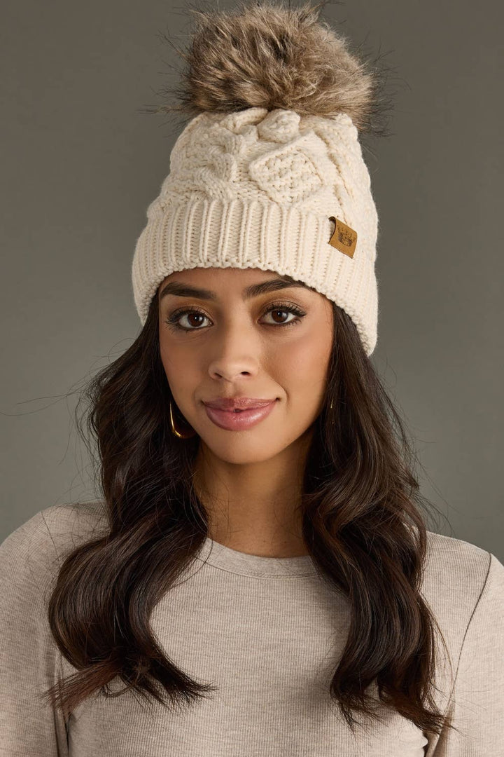 Pom Hat-Beige Cable Knit