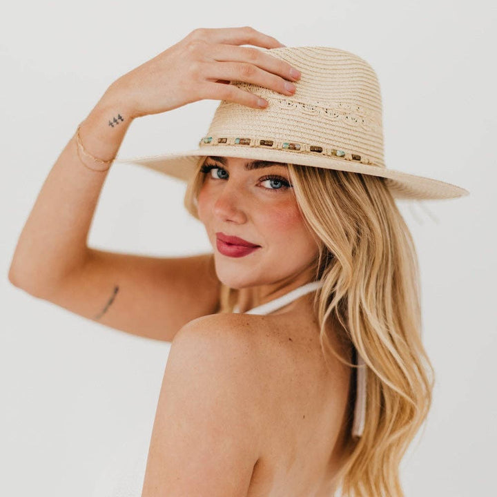 Isabella Woven Beaded Band Straw Sun Hat