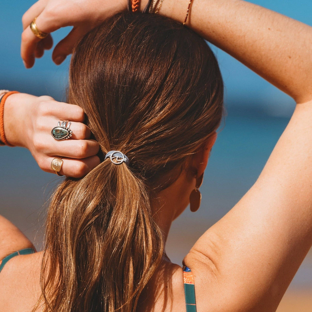 Hair Tie Bracelets-Celebrate Blues and Corals With Silver Wave Charm