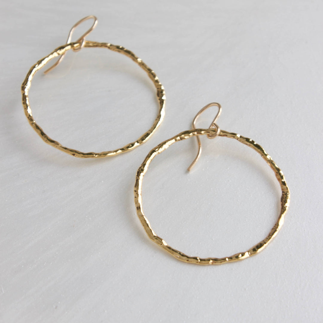 E114G Gold Earrings-Organic Hammered Hoops