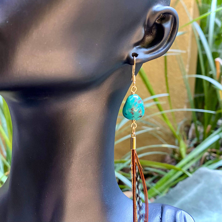 Astali Earrings-Turquoise & Mini Feather-Teal Grizzly & Fawn/Gold