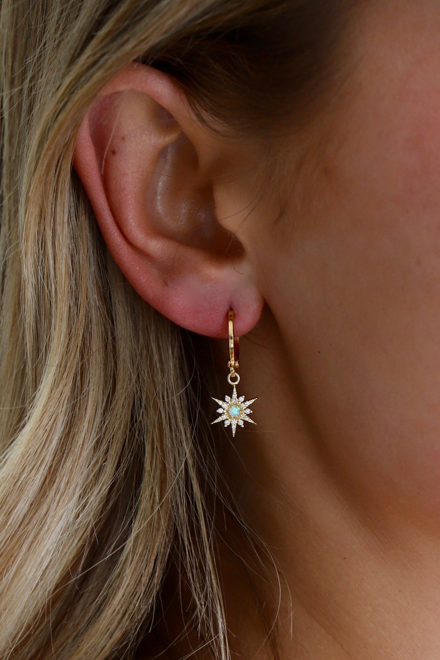 E1630G Gold Earrings-Opalite Starburst Huggies