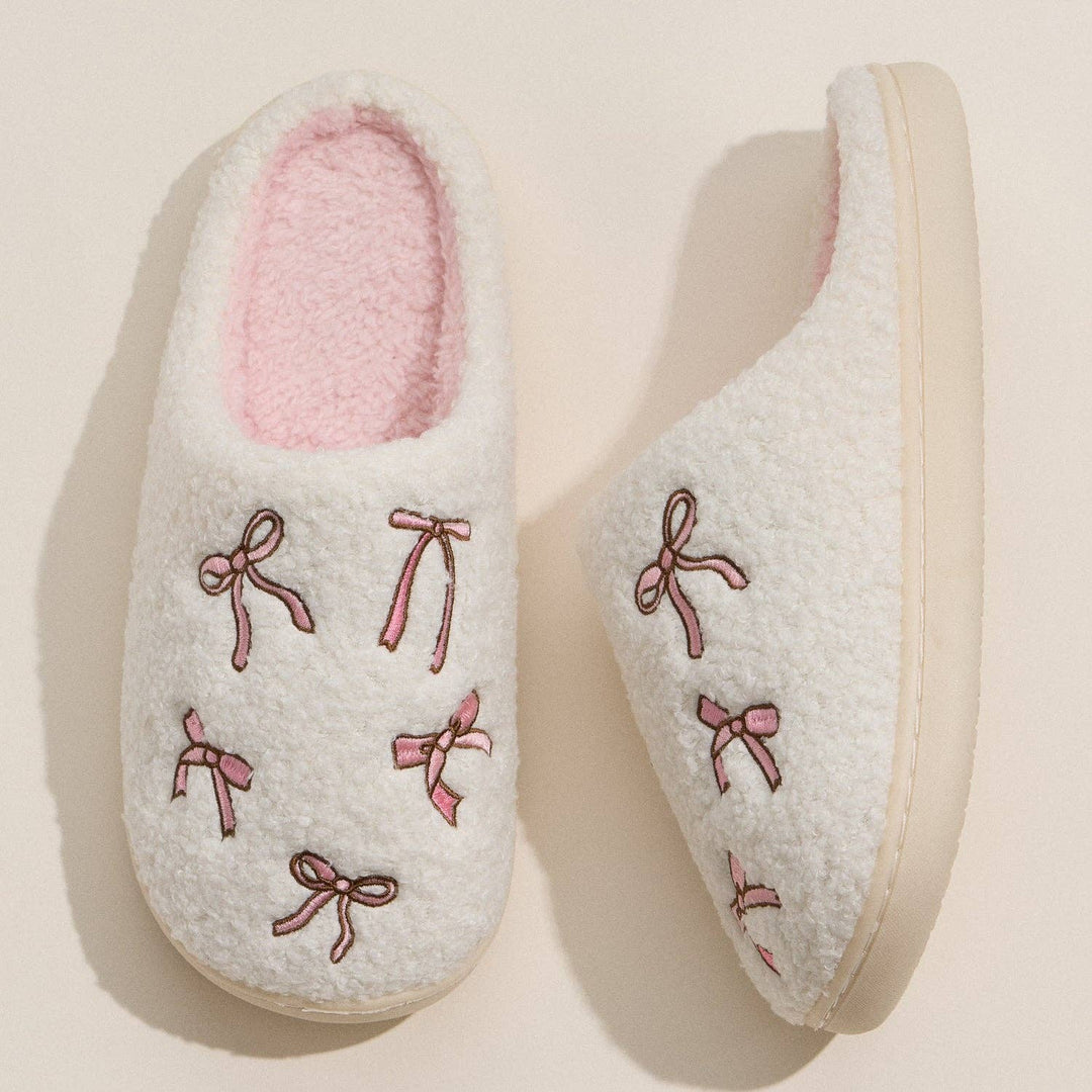 Cozy Bow Embroidered Plush Slippers
