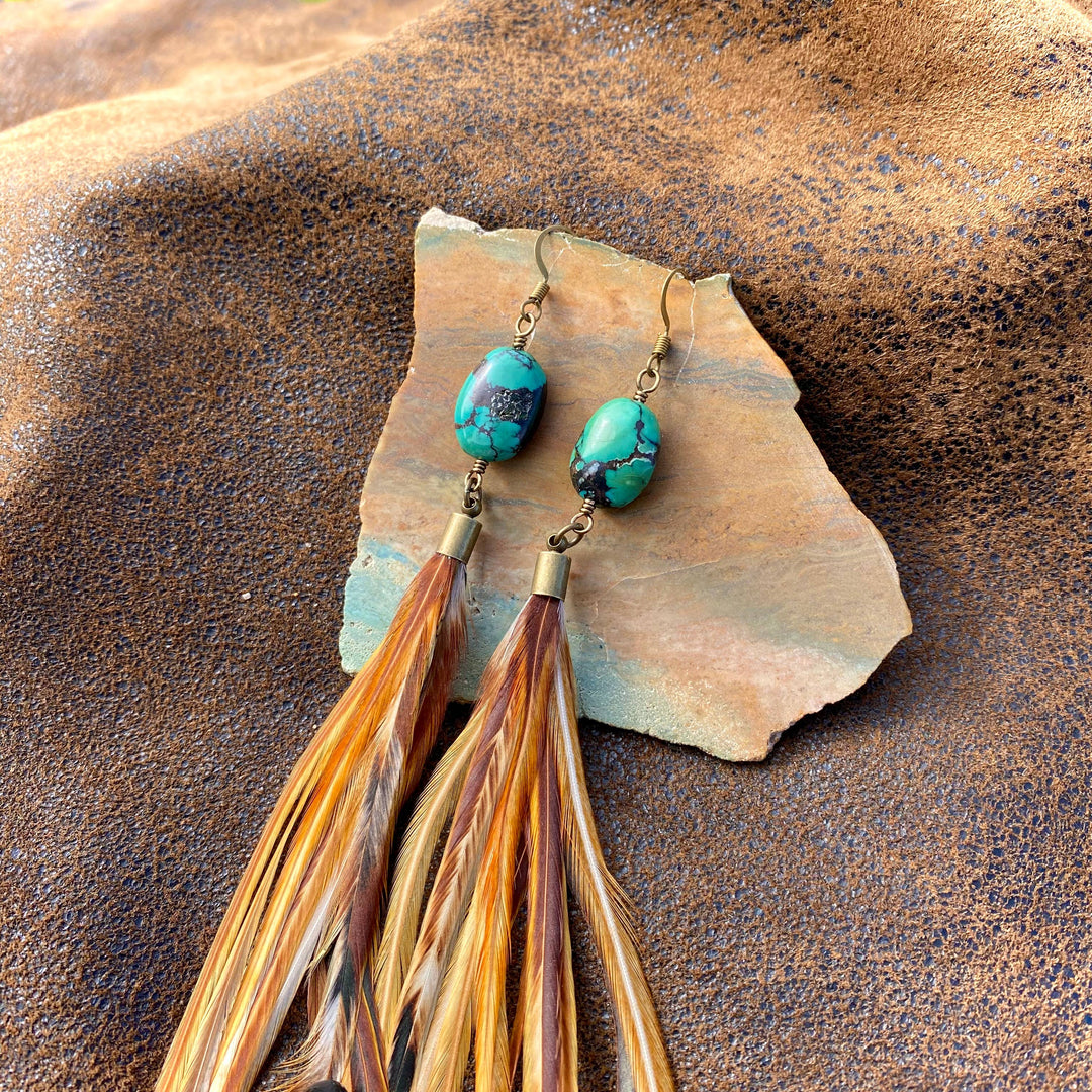Earrings-FREEBIRDS COLLECTION: Turquoise & Feather-Natural Mix