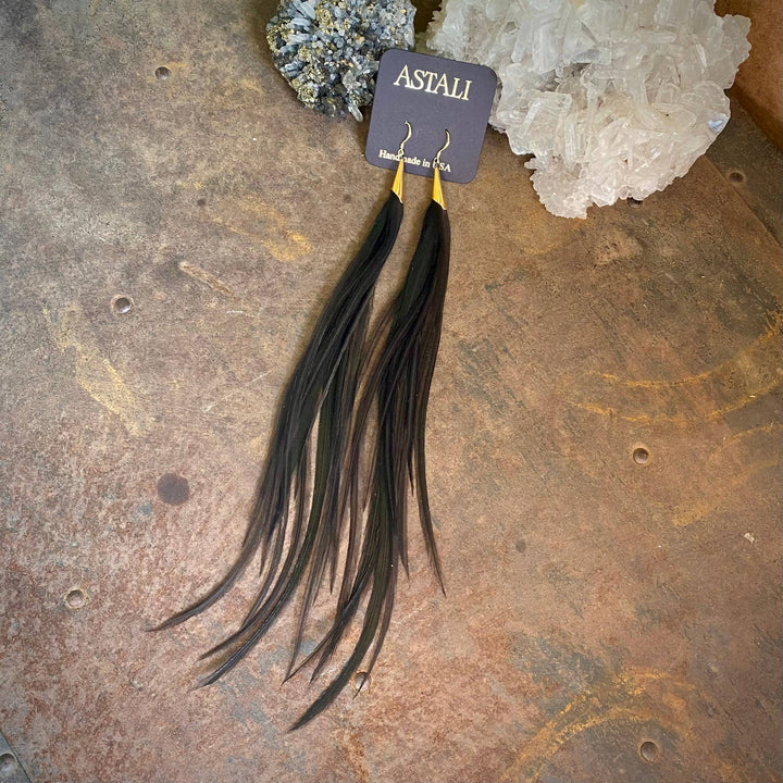 Earrings-Long Feather & Cone-Black/Gold, Boho Western