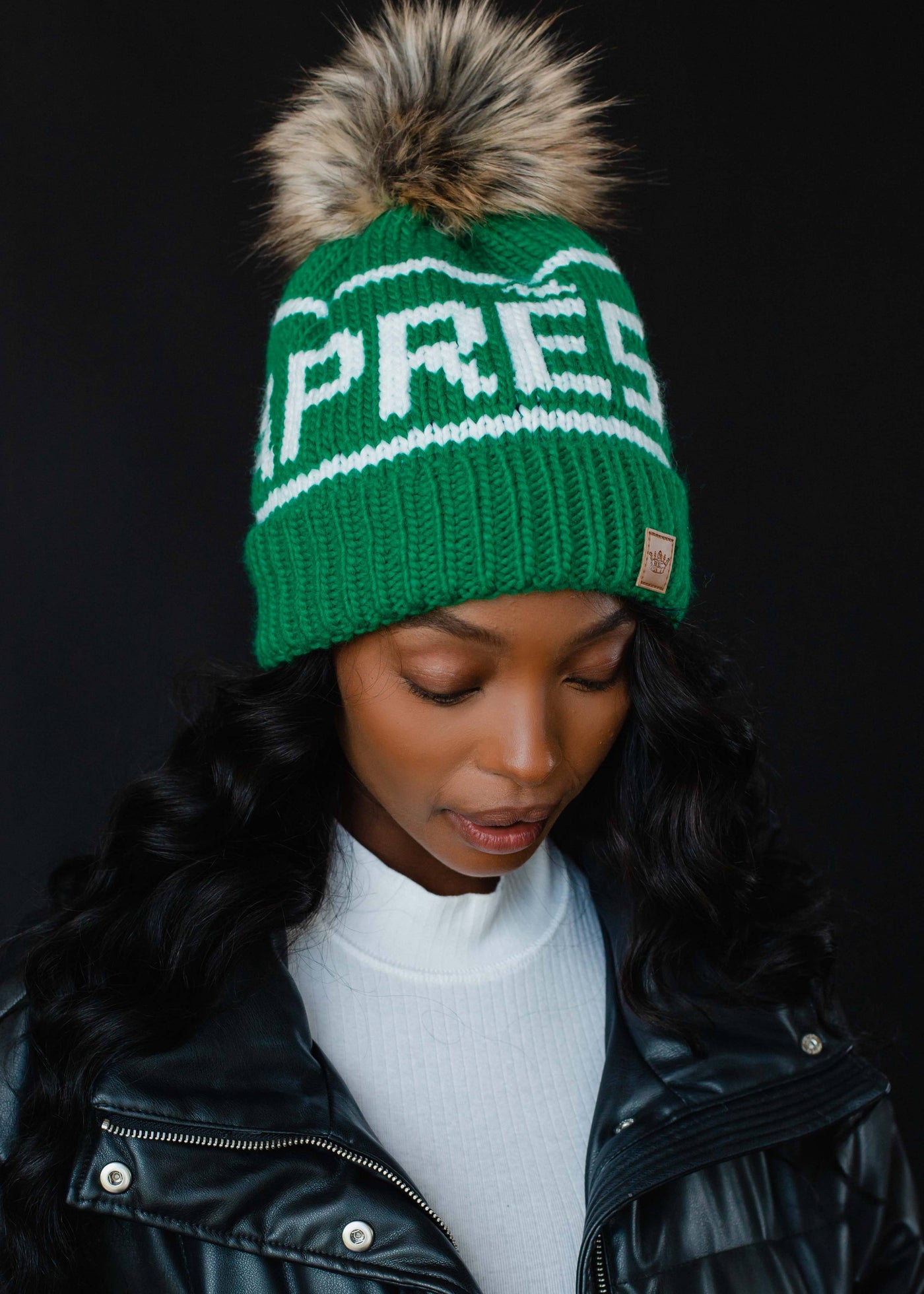 Green & White Apres Pom Hat