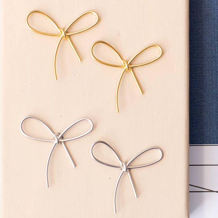 Bow Ribbon Large Post Earrings Shape Gold Silver