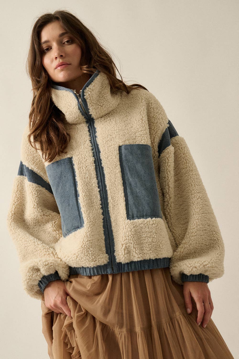 Sherpa Fleece and Denim Zip-Up Pocket Jacket
