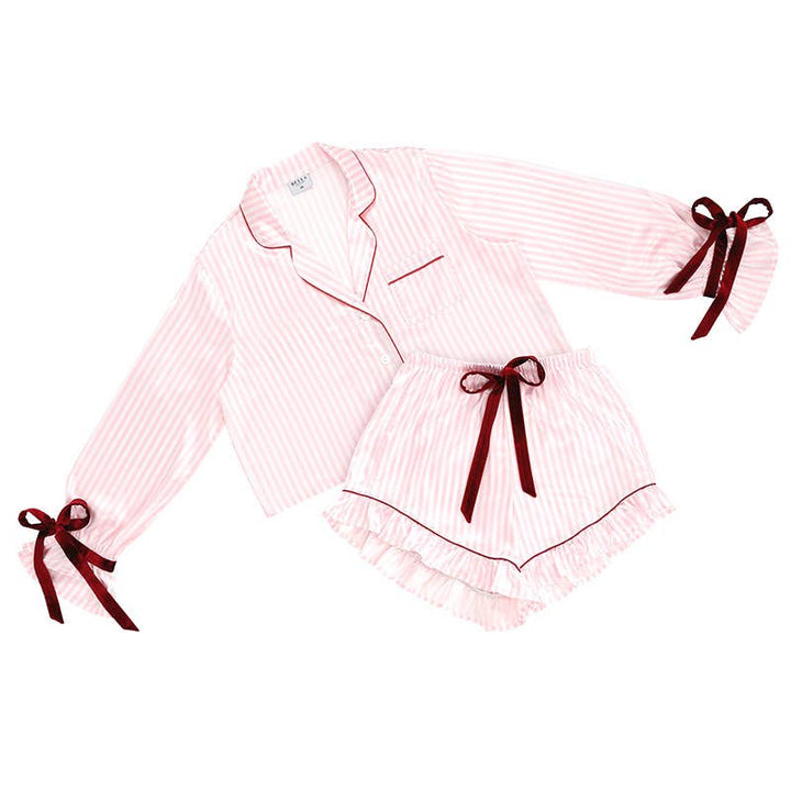 Ruffled Short PJ Set with Velvet Ties - Pink + White Stripes