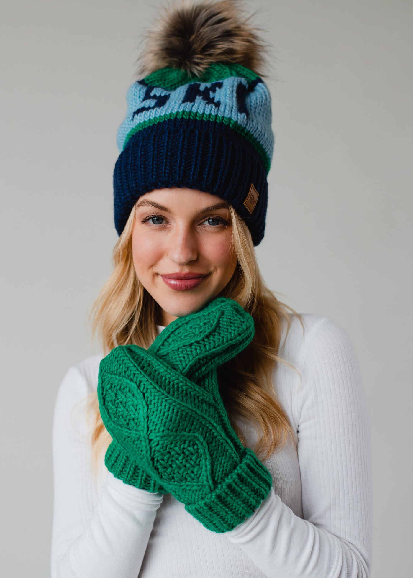 Green, Lt. Blue & Navy Ski Pom Hat