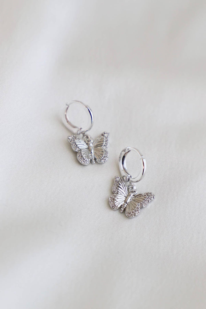 E1428S Silver Earrings-Butterfly Huggie Hoops
