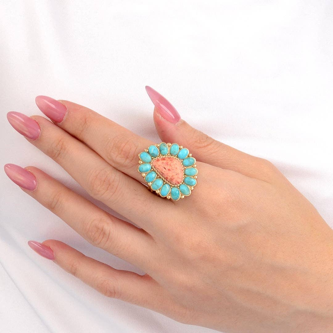 Ring-Blue Turquoise Starburst Orange Coral Golden Statement