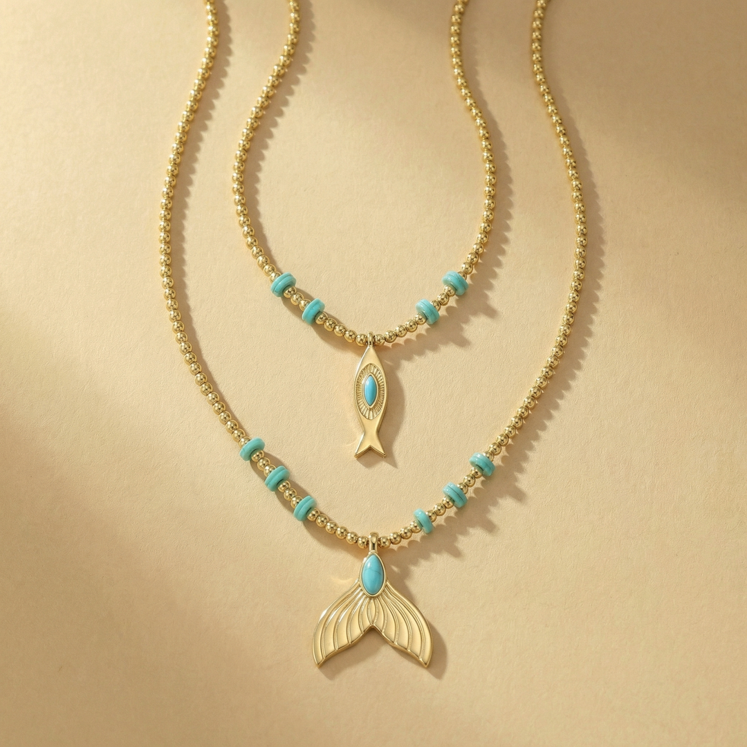 Necklace-Double Gold Strand Hematite & Turquoise Sea Charm