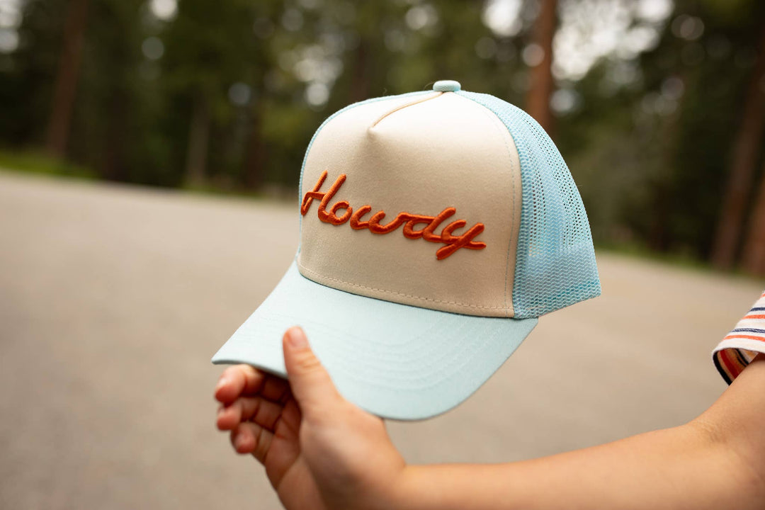 Trucker Hat-Howdy Embroidered Trucker - Pale Blue/Orange