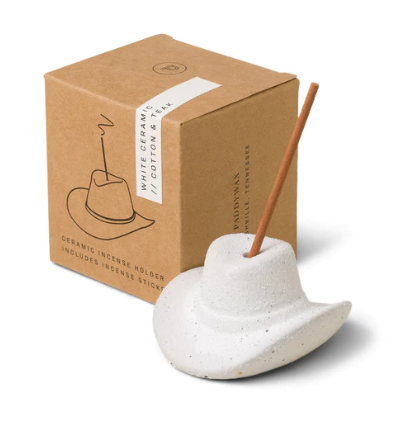 Ceramic Incense Set-White Cowboy Hat (Cotton & Teak)