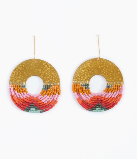 Beaded Handwoven Organic Circular Fringe Earrings (Lilac)