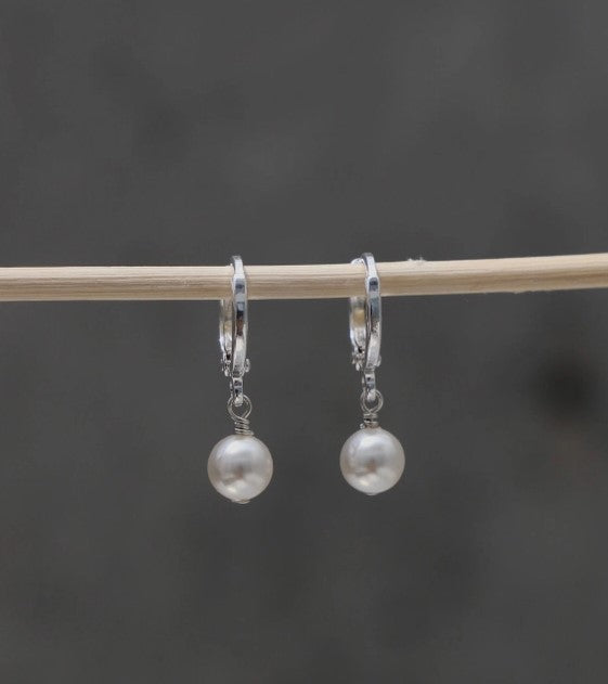 E1836S Silver Earrings-Mini Pearl Drop Huggies