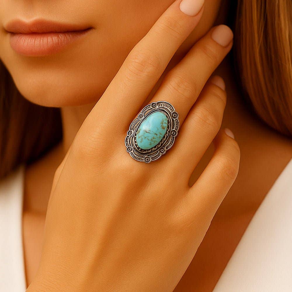 Ring-Bronco Blue Turquoise Sterling Silver Concho