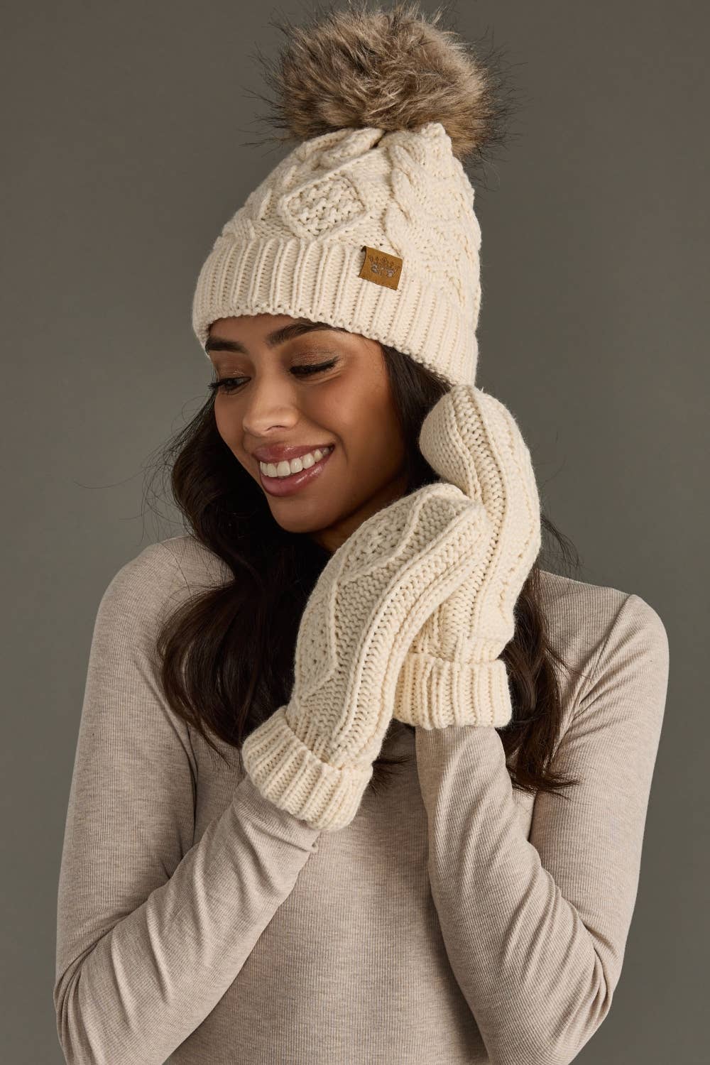 Pom Hat-Beige Cable Knit
