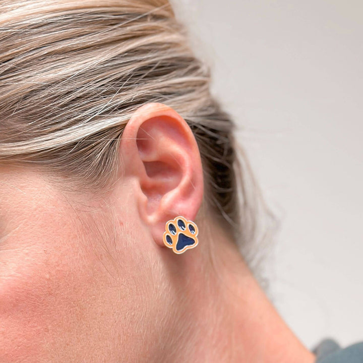 Enamel Stud Earrings-Paw Print-Navy Blue & Orange